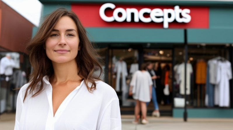 AI generated image of a woman standing in front of a store named "Concepts". From https://www.realornotquiz.com/