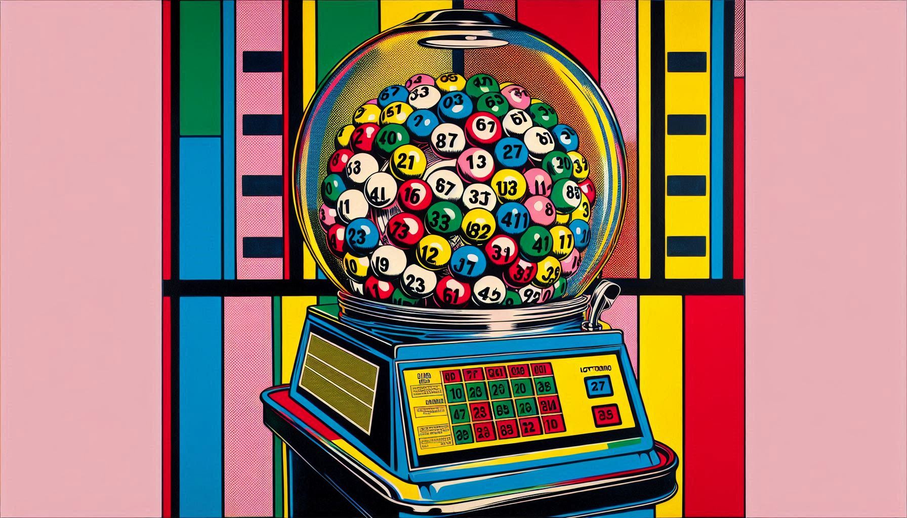 AI-generated image of "A pop art painting of a lottery ball machine in the style of Andy Warhol" with Dall-e 3.