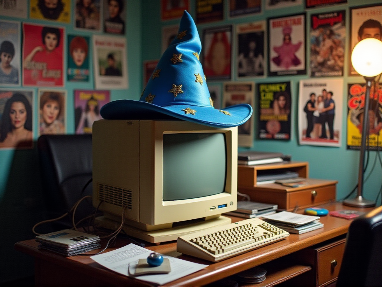 AI-generated image. A beige PC sits on a cluttered desk. A wizard hat rests on top of the monitor.