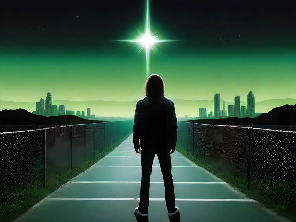 AI-generated image of a man looking over a green futuristic city skyline.