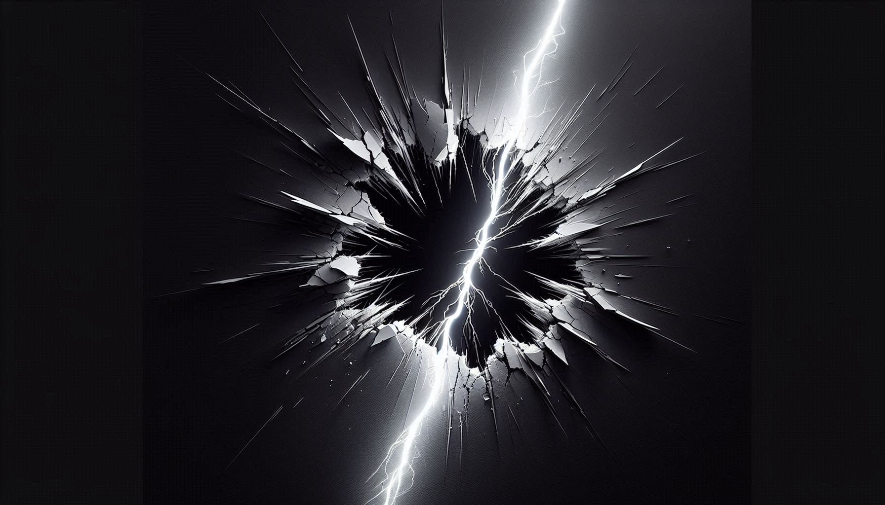 AI-generated with Microsoft Designer. A single streak of white-hot lightning cuts through a black canvas-like obstruction, leaving only a sharp, glowing gash in its wake. The composition is stark but deeply effective—the contrast between dark and light is the sole focus. The explosion is suggested through radiating lines of raw energy, jittering outward, rather than flying debris or dramatic destruction. The framing is tight, centered on the moment of pure energy piercing through resistance, creating a sharp, almost symbolic representation of unstoppable progress.