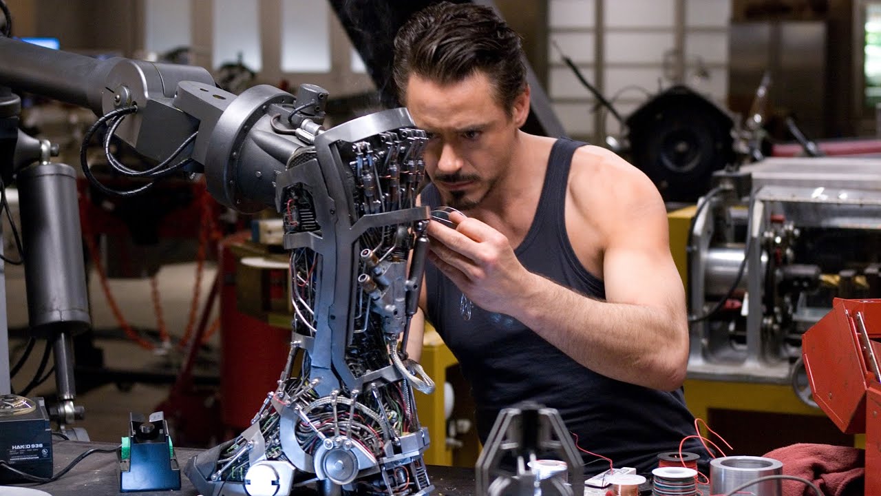 Tony Stark creating the Iron Man suit in Iron Man (2008)