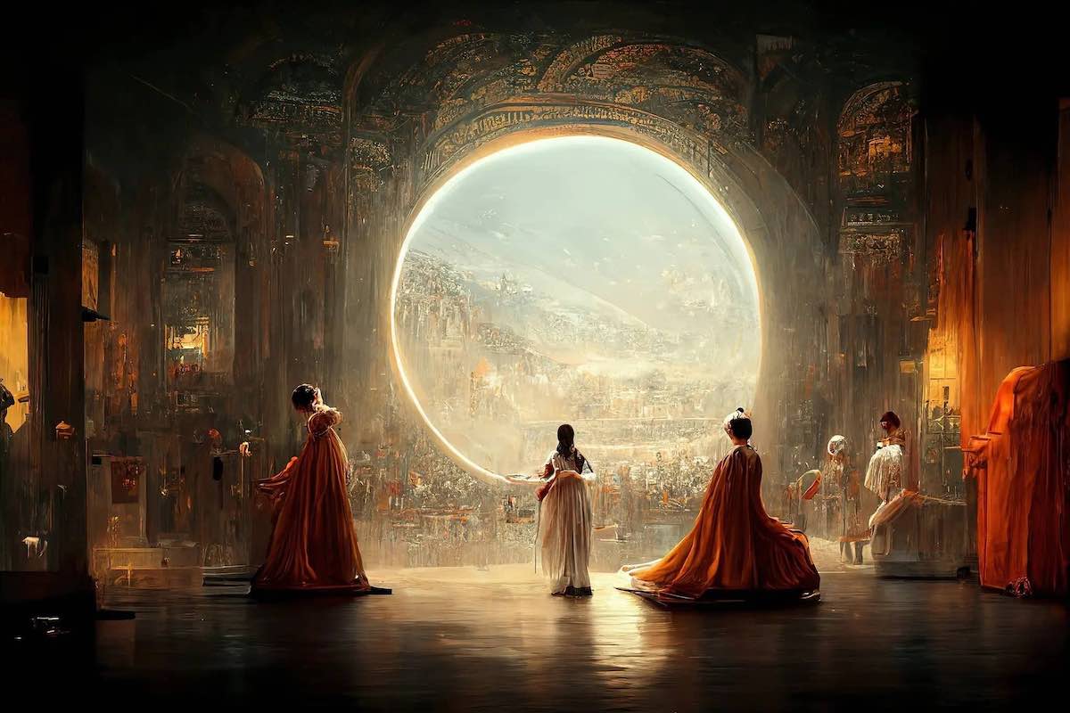AI-generated image of an opera stage in a sci fi setting.