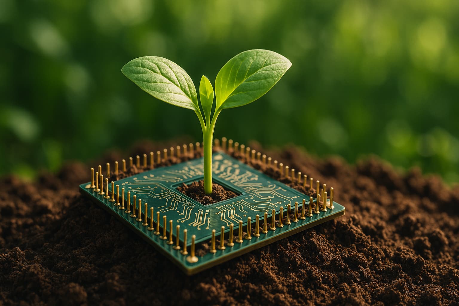 AI generated. A vivid close-up of a delicate green sprout with broad leaves emerging from the center of a computer microchip, which is partially buried in rich, earthy soil. The microchip features visible gold pins and intricate circuitry, symbolizing advanced technology. Soft-focus greenery fills the background, suggesting a lush natural environment. The scene embodies a harmonious fusion of nature and technology, evoking themes of eco-friendly innovation, bioengineering, and sustainable progress. Lighting is natural and gentle, with warm highlights on the plant and subtle reflections on the microchip surface.