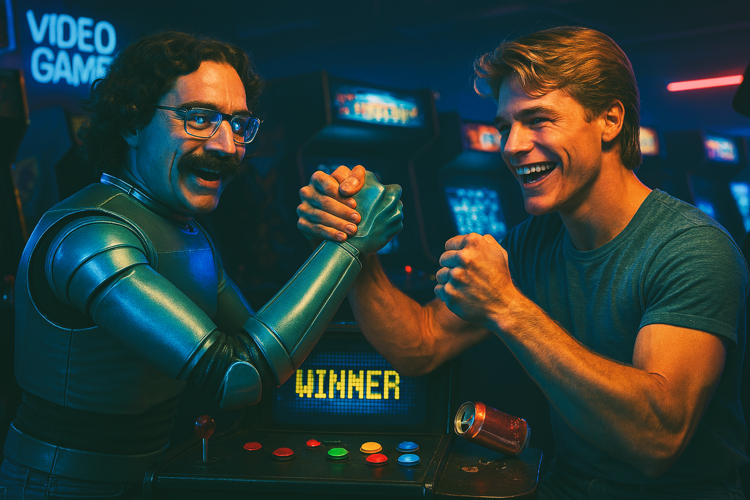 AI-generated version of a robot version of Abram with a human friend in an 80s arcade