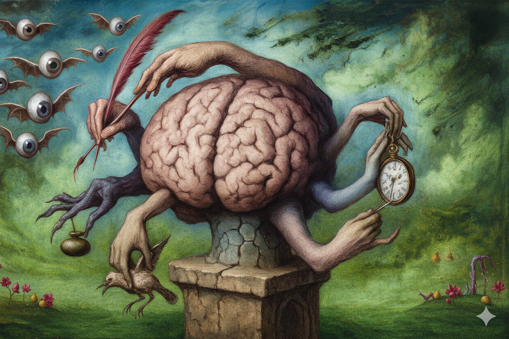AI-generated image of a brain on a pedestal that has hands performing various tasks. In the style of Hieronymus Bosch.