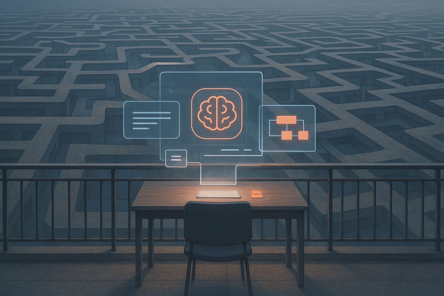 AI generated. Widescreen digital painting of a lone desk perched on a balcony overlooking a sprawling labyrinth of interconnected process flows; on the desk, minimal AI interface holograms cast light into the maze; photorealistic with soft depth‑of‑field. Color palette: Cool Slate Blue (#4A6FA5), Steel Grey (#5B5B5B), Accent Coral (#FF6B6B), Warm Light Neutrals.